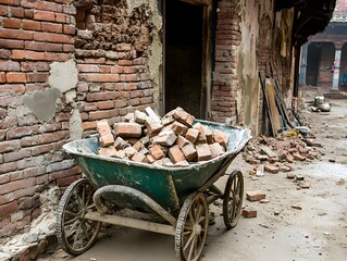 Old Wheelbarrow with Broken Bricks at Demolition Site