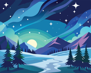 Majestic Winter Landscape. Aurora Borealis over Snowy Mountains