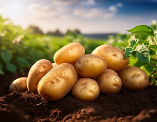 fresh organic potatoes growing in the field