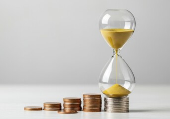 Hourglass on stack of coins representing time and money management  