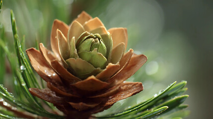 Close-up of Brown Pinecone Gradually Opening with Green Pine Needles in Natural Sunlight Against Blurred Forest Background
