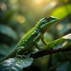 Fototapeta premium Close-up of a vibrant green lizard on a tropical leaf.A captivating close-up of a vibrant green lizard perched on a lush, tropical leaf.