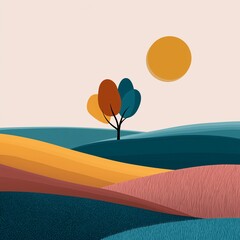 Stylized landscape with tree and sun in an illustration format. 