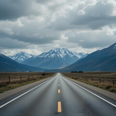Naklejka premium Scenic Highway Winding Through Snowy Mountain Range.A sweeping vista of a paved highway stretching into the distance, framed by a majestic mountain range capped with snow.