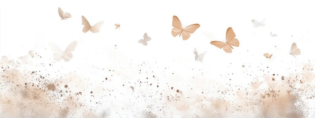 Delicate butterflies in light beige, floating amidst a soft, textured background of light brown particles