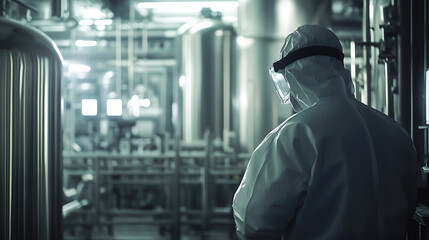Person in Protective Suit in Industrial Facility