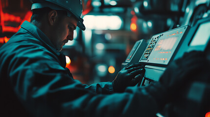Fototapeta premium Industrial Worker Operating Control Panel