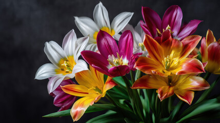 Fototapeta premium A vibrant bouquet of colorful tulips including white, purple, and orange blooms is displayed against a dark grey background in a captivating floral arrangement.