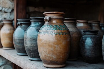 Traditional clay jars filled with aged tea in a rustic storage setting Generative AI