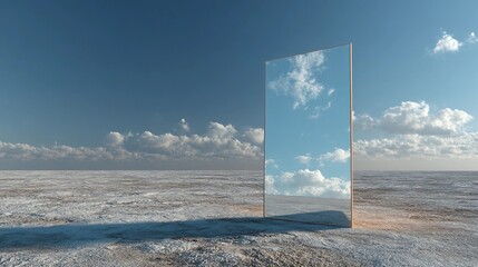 Vertical mirror standing alone, perfect for home decor designs, minimalist scenes, and product display mockups with open space.