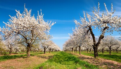 Fototapeta premium cherry orchard in full blossom with trees covered in white flowers at early spring