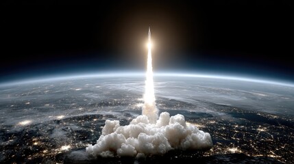 Futuristic rocket propels into the starry sky from Earth's orbit, exemplifying advancements in space exploration technology.