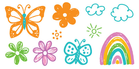 Cute butterfly vector. Crayon spring background. Pastel child butterfly art isolated. Simple flower color chalk hand drawn bg. Cartoon fairy doodle baby sticker. 