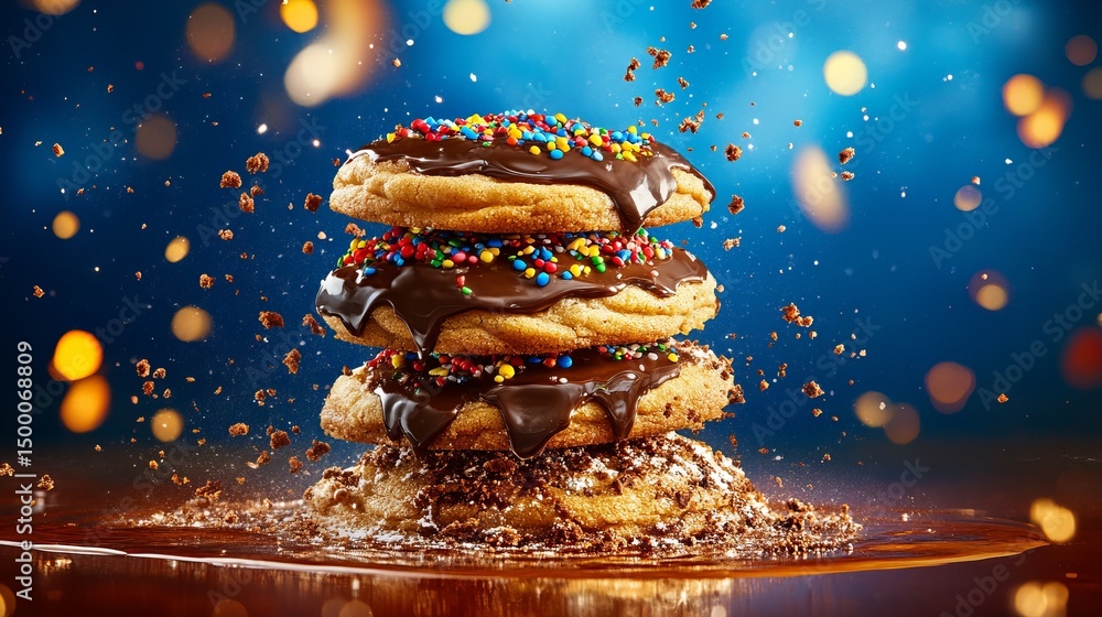 Poster stacked cookies topped with chocolate and sprinkles sit on a reflective surface with crumbs and boke