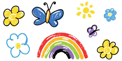 Cute butterfly vector. Crayon spring background. Pastel child butterfly art isolated. Simple flower color chalk hand drawn bg. Cartoon fairy doodle baby sticker. 