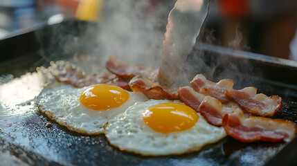 Sizzling breakfast: Two sunny-side-up eggs and crispy bacon strips being cooked on a flat top grill, creating a mouth-watering morning meal.