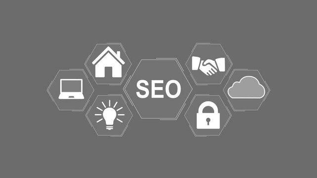 4k Video SEO Search Engine Optimization Strategy Concept. SEO icons and marketing analytics, representing search engine optimization. digital marketing, reach, backlink,