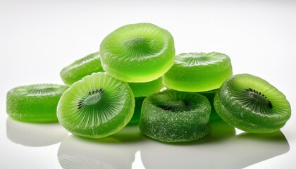 photography of vibrant green kiwi fruit candies on plain white white background