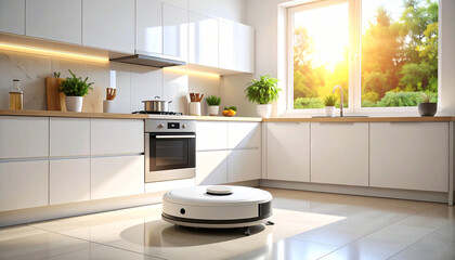 Autonomous Kitchen: A modern, immaculate kitchen scene, with natural light flooding the space, complemented by the presence of a robotic vacuum cleaner effortlessly navigating the polished floors.