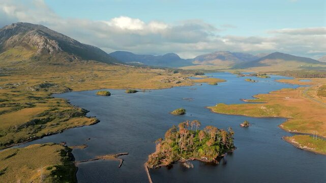 Aerial of Connemara national park with Twelve Pines Island Derryclare Lough and the Twelve Bens  Ireland