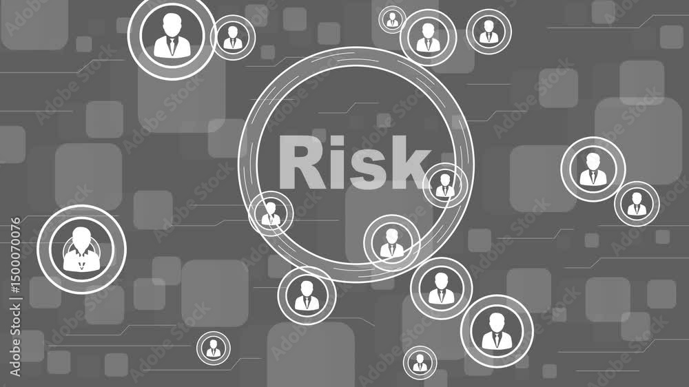Poster businessman presses button risk network internet interface and technology background.