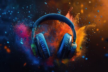 Headphones amidst vibrant powder explosion (1)