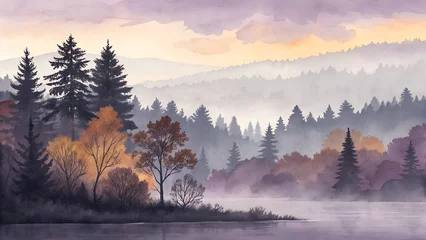 Poster Mistig bos Ruhige Aquarelllandschaft mit nebligem Fluss und Herbstbäumen    © Elena