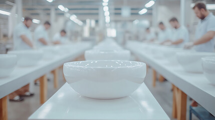 Ceramic bowls on an assembly line, showcasing the craftsmanship of tableware manufacturing in a bright, modern factory setting. Focus on precision & quality.