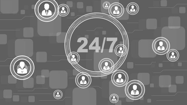 Businessman presses hand button 24 hours service online network icon and technology background.