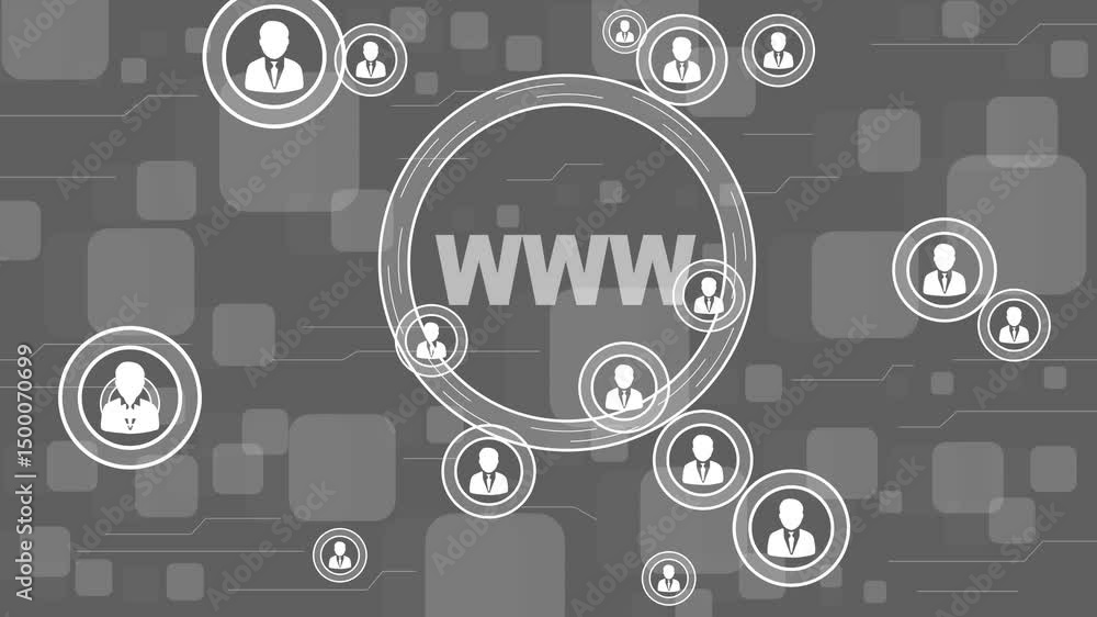 Poster businessman pressing button www web network. computer technology virtual reality and technology back