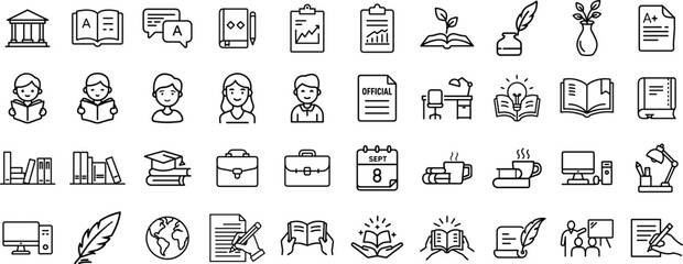 Education - related Line Icon Set. Includes school building, books, speech bubbles, clipboard with graphs, students, desk, lamp, diploma, and more. Editable strokes. Vector illustrations.