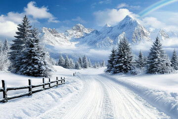 Snowy landscape features a vibrant rainbow arching over majestic mountains and a winding path through thick snow