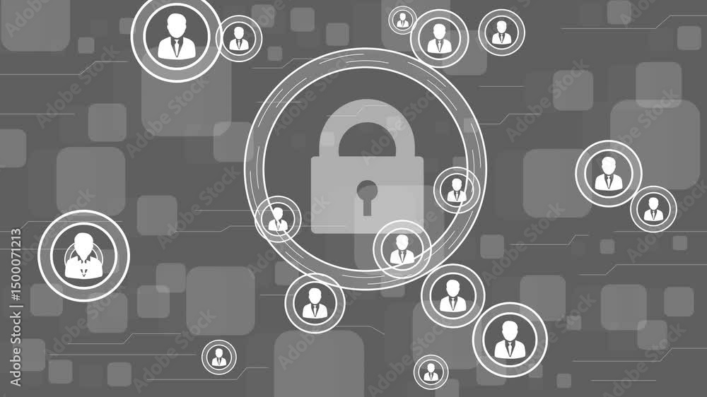 Poster businessman push button lock network and technology background.
