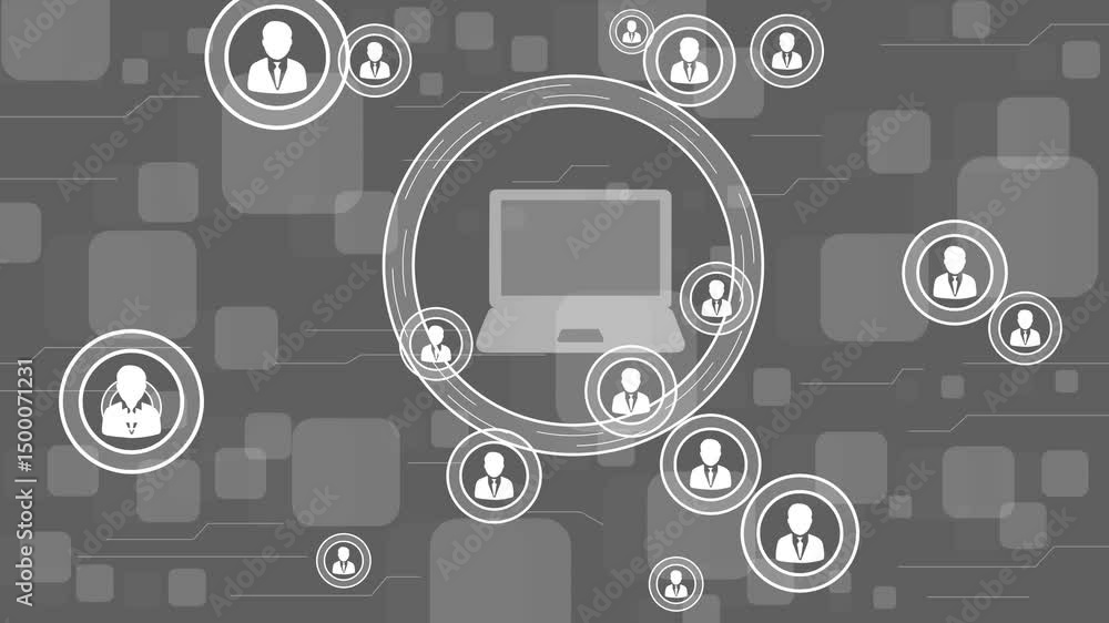 Poster businessman push button laptob network and technology background.