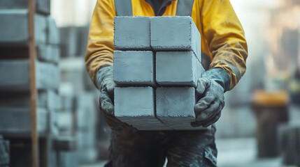 Construction Worker Holding Concrete Blocks