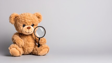 Teddy bear sits holding a magnifying glass on a light gray background, looking inquisitive.
