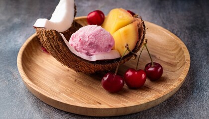 vegan cherry ice cream made with coconut milk placed on a bamboo tray with tropical fruit slices