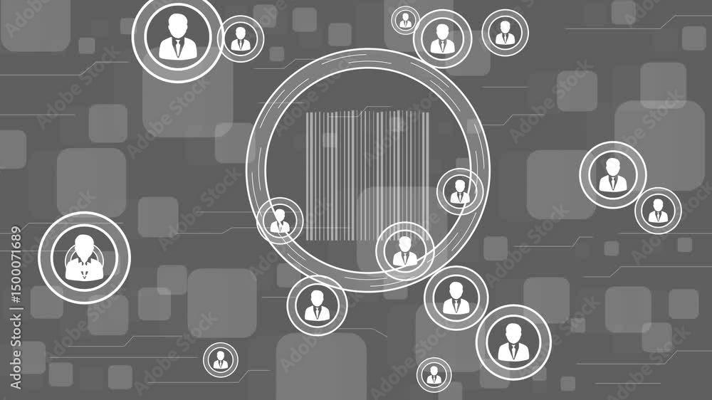 Poster businessman presses button barcode product network internet virtual interface and technology backgro