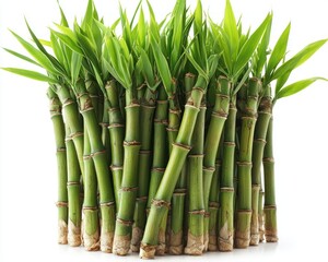 Fototapeta premium Bunch of green bamboo stalks with leaves on white background