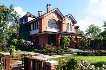 Stunning brick manor with lush gardens and inviting porch exudes timeless elegance and luxurious residential appeal