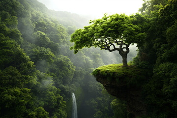 Obraz premium Surreal landscape featuring floating waterfalls in a vibrant green forest during a mystical twilight