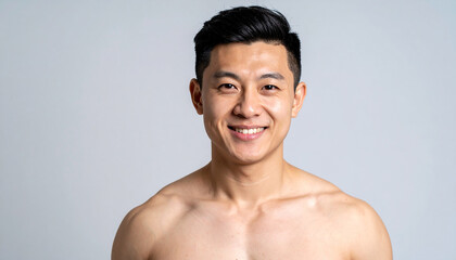Portrait of handsome shirtless man with muscular torso. Young Asian guy with stylish hair. Sport