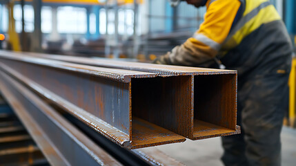 Worker Handling Steel Beams in Industrial Setting