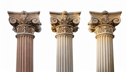 Fototapeta premium three classical greek columns with ornate design isolated on transparent cutout background