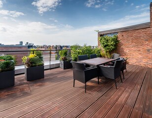 modern rooftop terrace panorama featuring dark wood deck flooring plants brick fence and black garden furniture