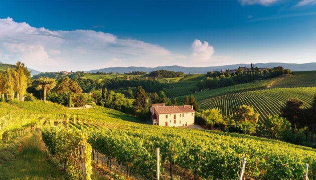 a serene vineyard landscape with rolling hills and a rustic villa in the background