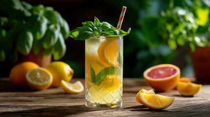 Fototapeta premium Refreshing Citrus Basil Drink With Orange