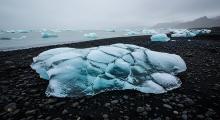 A cracked glacier ice chunk on gravel shore