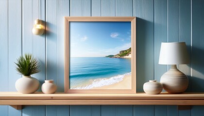 a dynamic 3d wall frame mockup with floating shelves against a coastal seascape backdrop providing a serene space for showcasing coastal artwork or beach inspired prints