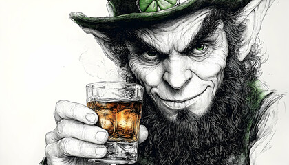 Detailed drawing of a leprechaun raising a glass of amber liquid against a white background